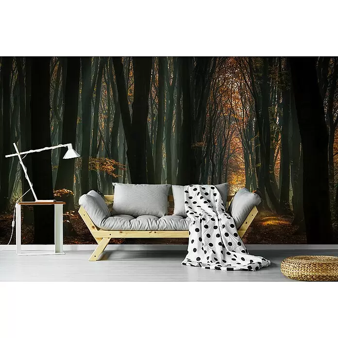 Papermoon Premium collection Fototapete Frühe Reiten - B x H: 400 x 260 cm, Vlies - Helles Holzsofa mit grauen Kissen und einer gepunkteten Decke, in einem Raum mit Waldtapete.