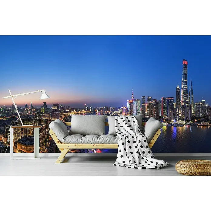 Papermoon Premium collection Fototapete Blaue Stunde Shanghai - B x H: 250 x 186 cm, Vlies - Elegante Wandtapete mit einer Stadtsilhouette bei Nacht, die eine moderne und stilvolle Atmosphäre in jeden Raum bringt.