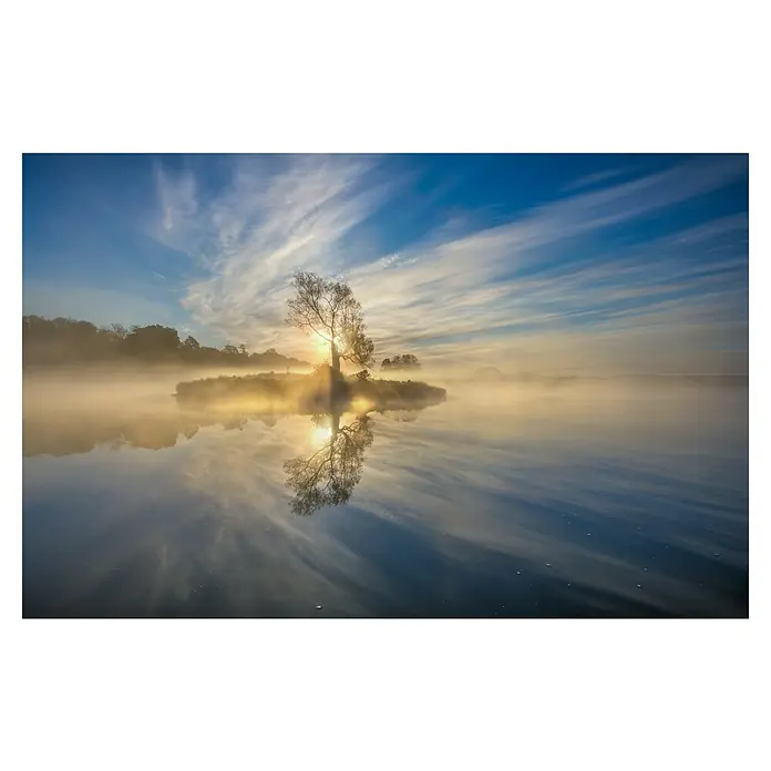 Papermoon Premium collection Fototapete Die Insel - B x H: 350 x 260 cm, Vlies - Ein atemberaubendes Foto von einem Baum, der sich im Wasser spiegelt, mit einem dramatischen Himmel im Hintergrund.
