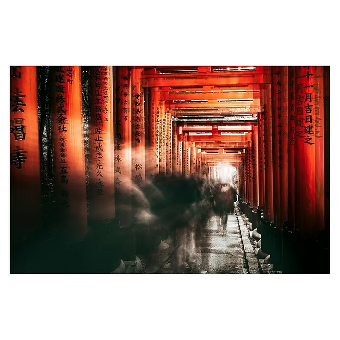 Papermoon Premium collection Fototapete Japan Fushimi Inari Taisha - B x H: 250 x 186 cm, Vlies - Langzeitbelichtung eines Schreins mit roten Toren, die einen faszinierenden Tunnel aus Farbe und Bewegung erzeugen.