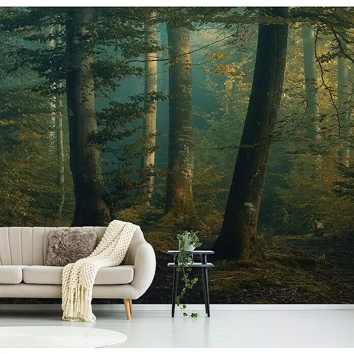 Papermoon Premium collection Fototapete Oktober-Farben - B x H: 250 x 186 cm, Vlies - Nebliger Wald Wandtapete in einem modernen Wohnzimmer mit hellem Sofa und Beistelltisch.