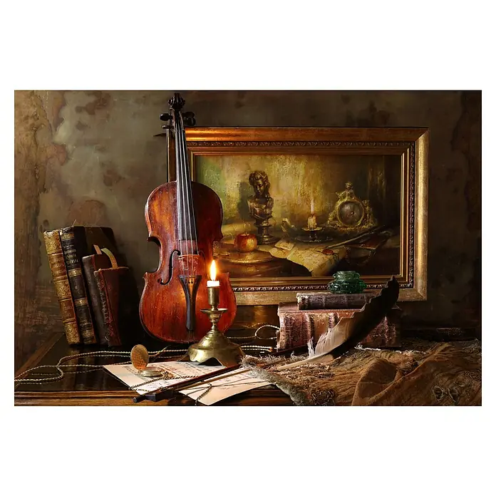 Papermoon Premium collection Fototapete Stillleben Violine - B x H: 450 x 280 cm, Vlies - Stillleben mit einer Violine, alten Büchern, einer brennenden Kerze und einer goldenen Taschenuhr, die eine nostalgische Atmosphäre erzeugt.