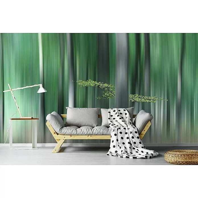 Papermoon Premium collection Fototapete Summermhering - B x H: 350 x 260 cm, Vlies - Helles Holz-Futonsofa mit grauen Kissen und einer weiß-gepunkteten Decke.
