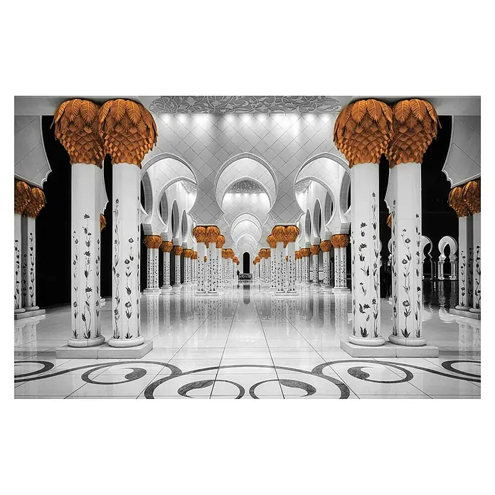 Papermoon Premium collection Fototapete Sheikh Zayed Moschee - B x H: 200 x 149 cm, Vlies - Detailaufnahme der Säulenarchitektur mit floralen Ornamenten und vergoldeten Säulenköpfen in einem prunkvollen Gebäude.