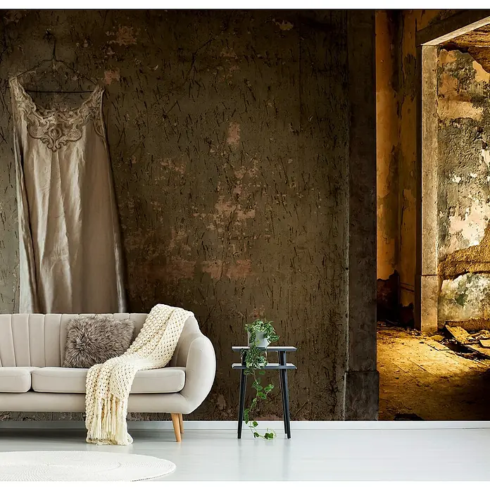 Papermoon Premium collection Fototapete Le Temps Retrouvac - B x H: 200 x 149 cm, Vlies - Elegante Wohnzimmergestaltung mit beigem Sofa, kuscheligem Kissen, Strickdecke und einer stilvollen Pflanze auf einem Beistelltisch.