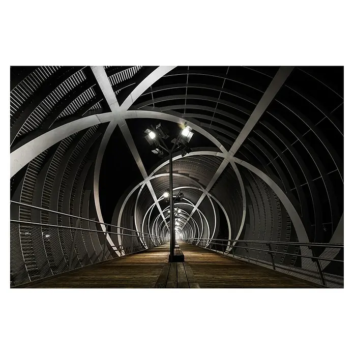 Papermoon Premium collection Fototapete Vortex Vitae - B x H: 250 x 186 cm, Vlies - Beleuchteter Fussgängerweg mit einzigartiger Architektur, die durch Metallbögen und Wegbeleuchtung eine faszinierende Perspektive bietet.