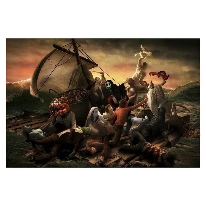 Papermoon Premium collection Fototapete Das Floß Halloween - B x H: 200 x 149 cm, Vlies - Halloween-Figuren treiben auf einem Floß auf dem stürmischen Meer, eine gruselige und künstlerische Darstellung der Feiertagsstimmung.