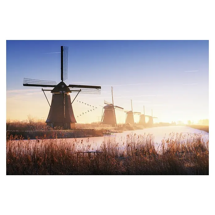 Papermoon Premium collection Fototapete Windmühle - B x H: 350 x 260 cm, Vlies - Windmühlen in Kinderdijk, Niederlande, im goldenen Morgenlicht. Die traditionellen Mühlen stehen entlang eines Kanals, malerische Szene.