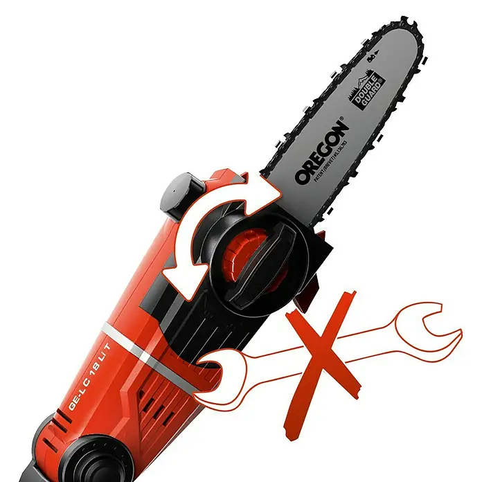 Einhell Power X-Change 18V Akku-Multifunktionswerkzeug GE-HC 18 Li T Kit - 18 V, Li-Ionen, 3 Ah, 1 Akku, Schnittlänge: 40 cm - Das Bild zeigt eine rote Akku-Kettensäge GE-LC 18 Li T von Oregon, mit einer grafischen Darstellung der werkzeuglosen Kettenspannung.