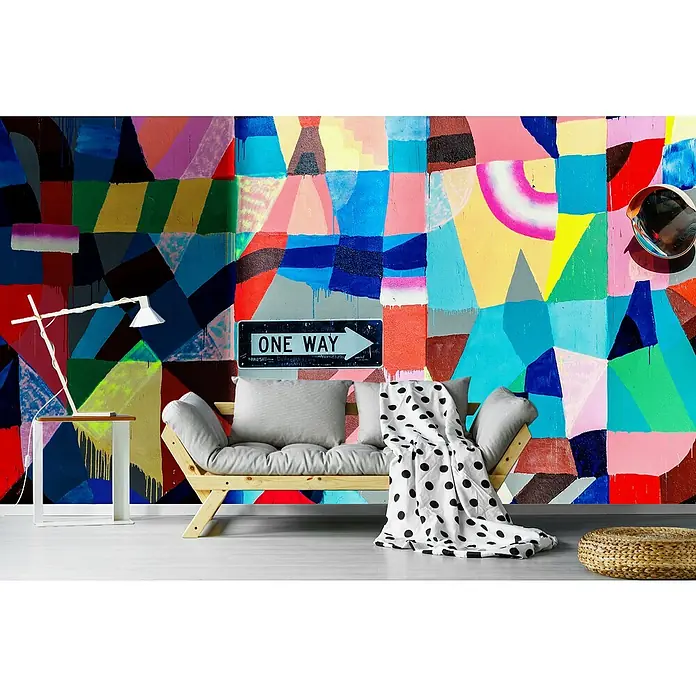 Papermoon Premium collection Fototapete Ein Weg - B x H: 200 x 149 cm, Vlies - Buntes Interieur mit auffälliger Wandkunst, einer Tagesliege mit Kissen und einer schwarz-weiß gepunkteten Decke. Einzigartige und stilvolle Einrichtung.