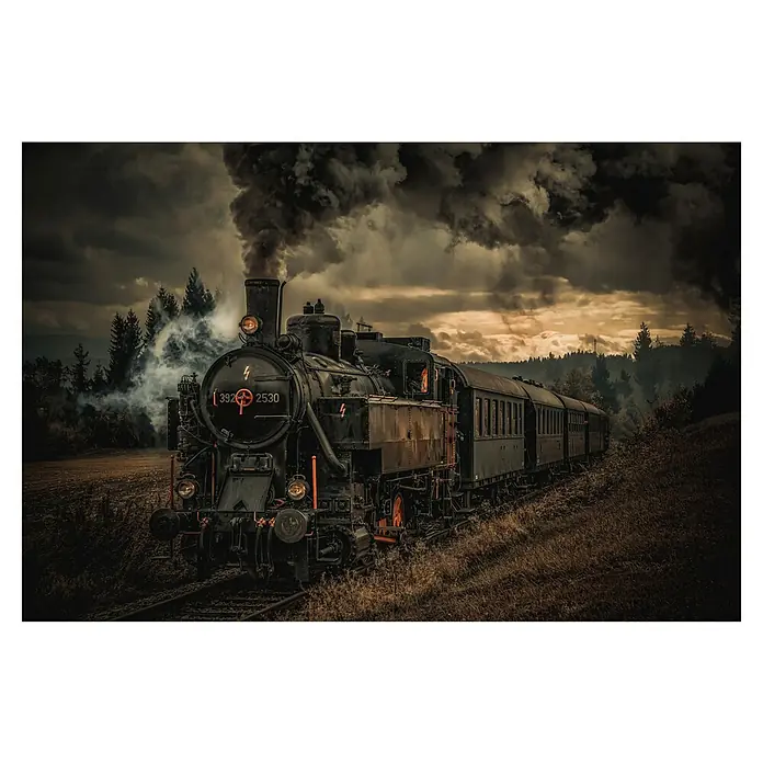 Papermoon Premium collection Fototapete Goldgraser-Zug. - B x H: 250 x 186 cm, Vlies - Schwarze Dampflokomotive "392 2530" zieht Waggons durch eine düstere Landschaft unter einem bewölkten Himmel. Nostalgischer Charme pur.