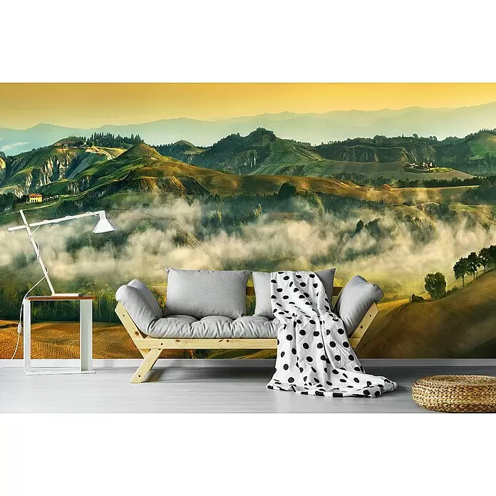 Papermoon Premium collection Fototapete Herbst - B x H: 250 x 186 cm, Vlies - Helles Holzfuton-Sofa mit grauen Kissen und weißer Tupfendecke in modernem Wohnraum.