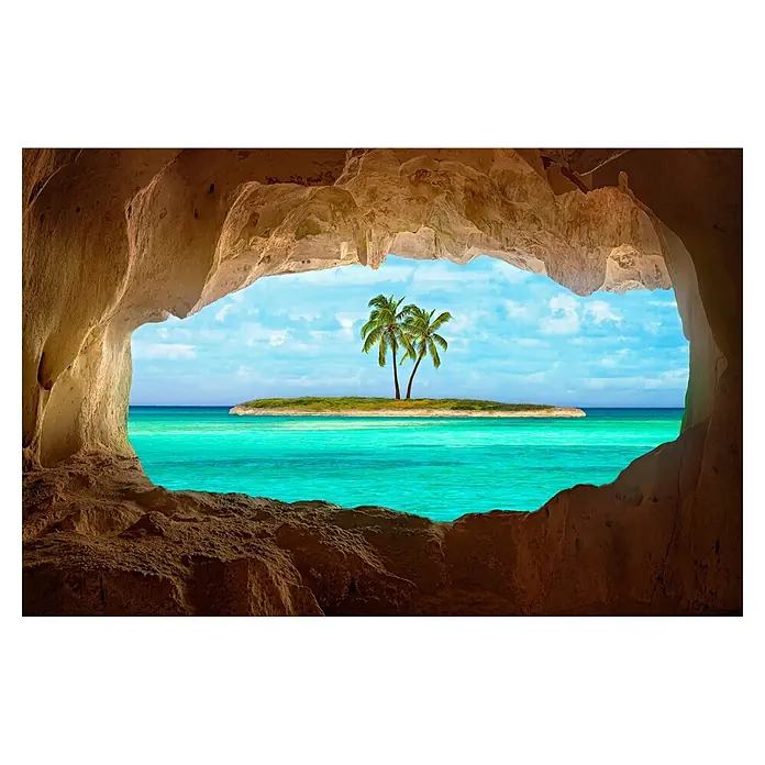 Papermoon Premium collection Fototapete Paradies - B x H: 250 x 186 cm, Vlies - Traumhafter Blick aus einer Höhle auf eine tropische Insel mit Palmen und türkisblauem Meer. Das perfekte Urlaubsziel für Entspannungssuchende.