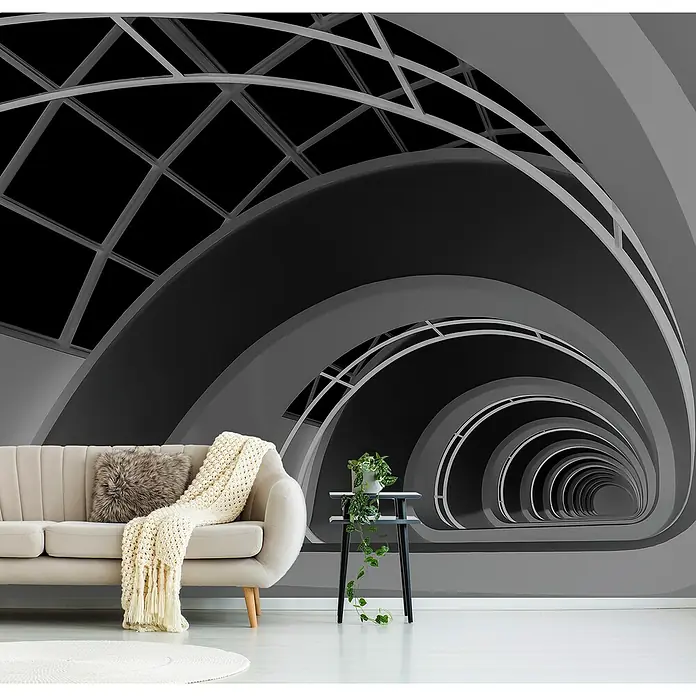 Papermoon Premium collection Fototapete Antwerpen-TreppeB x H: 350 x 260 cm, Vlies - Ein stilvolles Wohnzimmer mit einem beigen Sofa, einem Couchtisch und einem abstrakten Wandbild im Hintergrund.