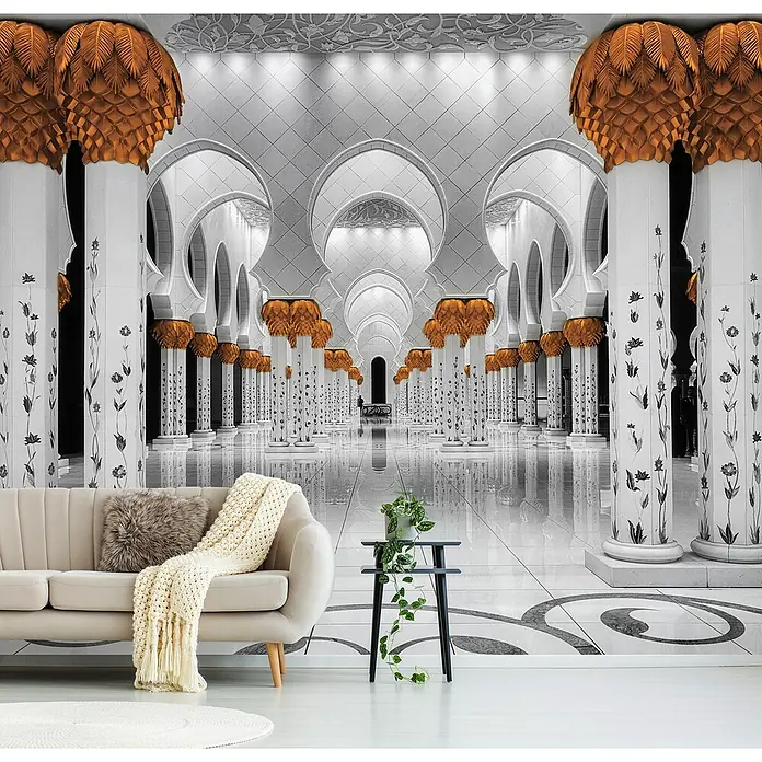 Papermoon Premium collection Fototapete Sheikh Zayed Moschee - B x H: 200 x 149 cm, Vlies - Wohnzimmer mit beigem Sofa, kleinem Tisch und Zimmerpflanze vor einer Wand mit Moschee-Motiv.