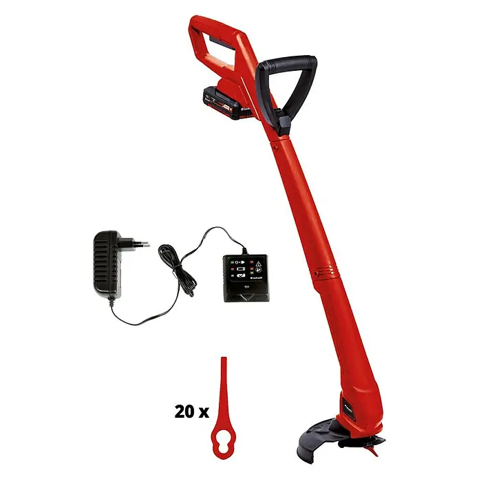 Einhell Power X-Change 18V Akku-Rasentrimmer GC-CT 18/24 Li P - 18 V, 1,5 Ah, Li-Ionen, 1 Akku - Ein roter Einhell Akku-Rasentrimmer mit Ladegerät und 20 zusätzlichen Messern, ideal für die Gartenpflege. Kabellose Freiheit für präzise Rasenkanten.