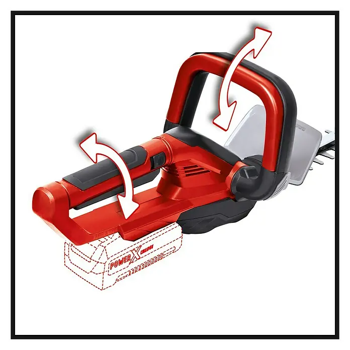 Einhell Power X-Change 18V Akku-Heckenschere GC-CH 1855/1 Li-Solo - 18 V, Ohne Akku, Schnittlänge: 55 cm - Eine rote Akku-Heckenschere mit einem schwarzen Griff und Pfeilen, die die Drehung des Griffs zeigen.