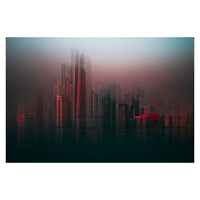 Papermoon Premium collection Fototapete Abu Dhabi Skyline - B x H: 500 x 280 cm, Vlies - Mystische Stadtlandschaft mit hoch aufragenden Wolkenkratzern in dunstigem Rot, das sich im dunklen Wasser darunter spiegelt.