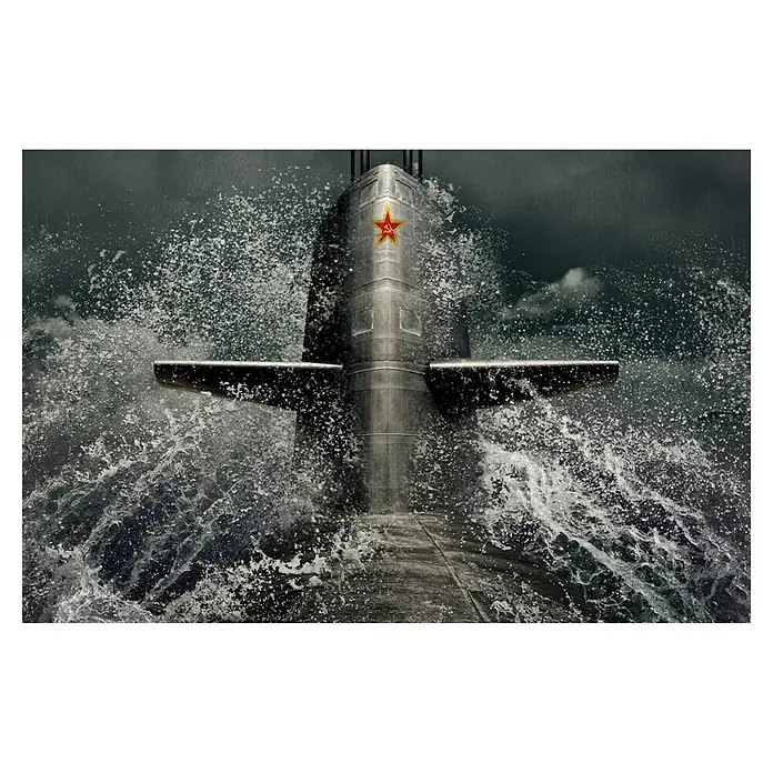 Papermoon Premium collection Fototapete U-Boot - B x H: 200 x 149 cm, Vlies - Ein sowjetisches U-Boot taucht bei stürmischer See auf, geschmückt mit einem markanten roten Stern.