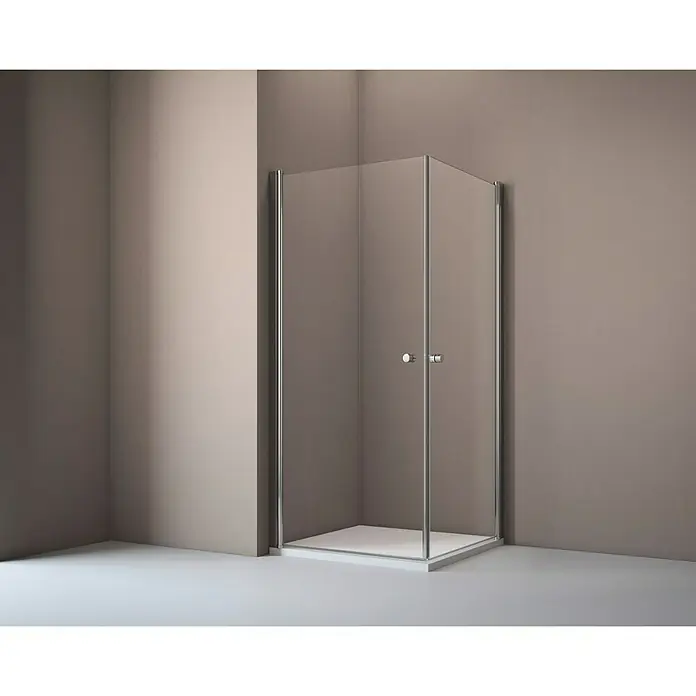 Corniche Eckdusche Light - L x B x H: 90 x 90 x 190 cm, Unbeschichtet, Silber - Duschkabine aus Glas und Chrom mit quadratischer Duschwanne in einem Badezimmer mit braunen Wänden und weißem Boden.