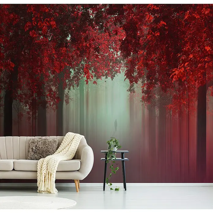 Papermoon Premium collection Fototapete Aus Liebe Wald Rot - B x H: 450 x 280 cm, Vlies - Wandbild mit rotem Waldmotiv, das eine stimmungsvolle Atmosphäre schafft und den Raum optisch aufwertet, ideal für Wohnzimmer.