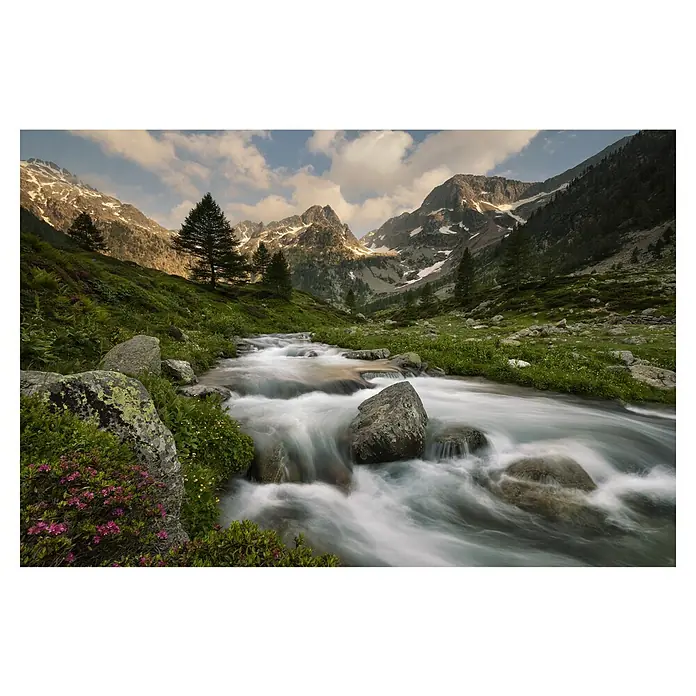 Papermoon Premium collection Fototapete Maritime Alpen Park - B x H: 200 x 149 cm, Vlies - Majestätische Berglandschaft mit einem klaren Bachlauf, der sich durch das grüne Tal schlängelt.