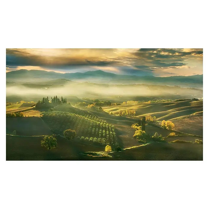Papermoon Premium collection Fototapete Herbstausblick - B x H: 400 x 260 cm, Vlies - Malerische Landschaft der Toskana mit sanften Hügeln, Zypressen und goldenem Licht, die die Schönheit der Region hervorheben.