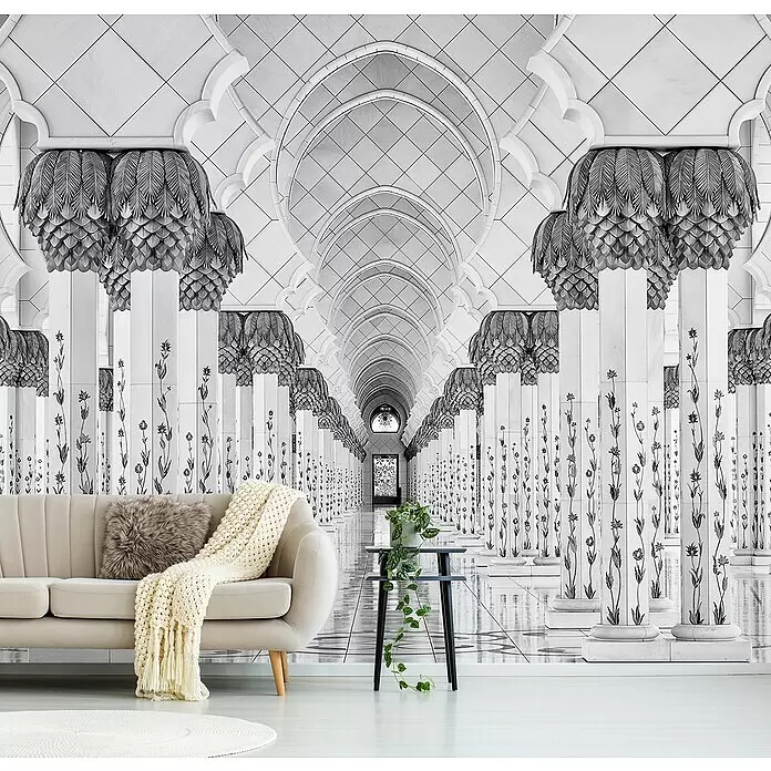 Papermoon Premium collection Fototapete Art der Symmetrie - B x H: 300 x 223 cm, Vlies - Großformatige Wandtapete mit einer schwarz-weißen Architekturhalle, Säulen und Bögen, die Tiefe in einem modernen Wohnzimmer schafft.
