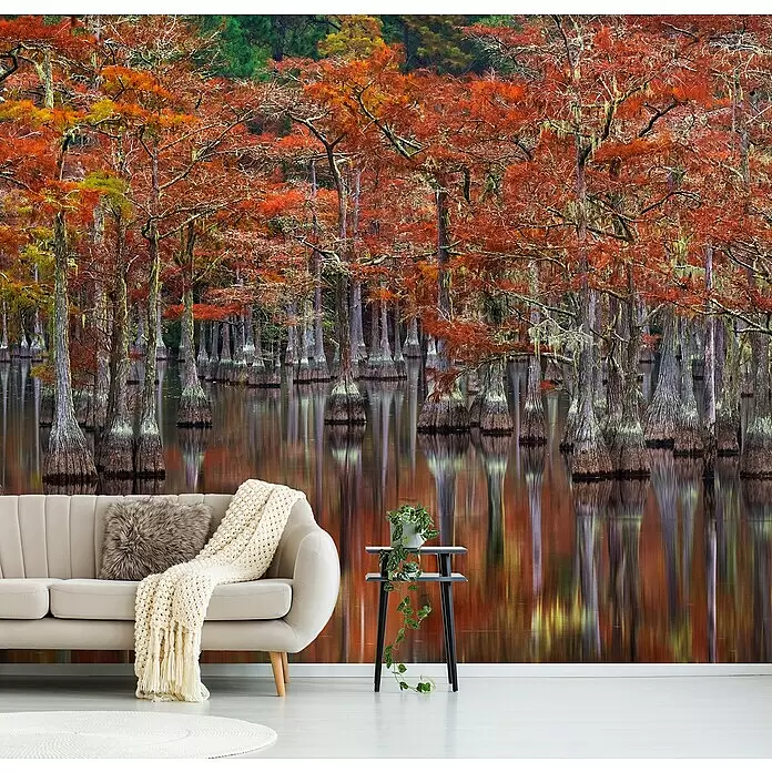 Papermoon Premium collection Fototapete Ruhige Bucht - B x H: 350 x 260 cm, Vlies - Wandgemälde eines lebendigen Herbst-Zypressenwaldes mit Bäumen, die sich im Wasser spiegeln, hinter einem beigen Sofa.