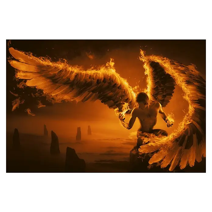 Papermoon Premium collection Fototapete Feurig - B x H: 250 x 186 cm, Vlies - Ein Engel mit feurigen Flügeln, der eine zerstörerische und kraftvolle Aura ausstrahlt, vor einer apokalyptischen Landschaft.