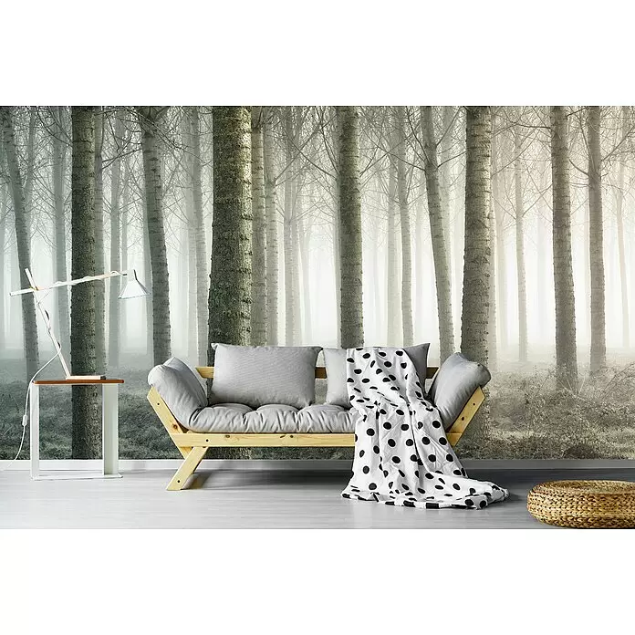 Papermoon Premium collection Fototapete Kleines Waldland - B x H: 250 x 186 cm, Vlies - Nebelwald-Wandbild hinter einem Holzsofa mit grauen Kissen, einer gepunkteten Decke, einer Lampe und einem Webhocker.