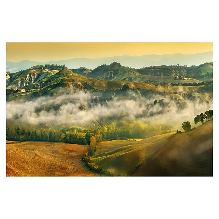 Papermoon Premium collection Fototapete Herbst - B x H: 250 x 186 cm, Vlies - Malerische Landschaft mit sanften Hügeln, Nebel und goldenem Licht, die die Schönheit der Natur hervorhebt.
