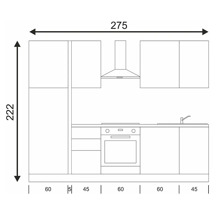Marinelli Cucine Vormontierte Küchenzeile Giulia - Breite: 275 cm, Weiß, Mit Elektrogeräten, Dekor Arbeitsplatte: Steinoptik, Spüle links - Abbildung einer Küchenzeile mit Maßen. Die Küchenzeile besteht aus Schränken, Herd und Spüle. Gesamtbreite 275, Höhe 222.