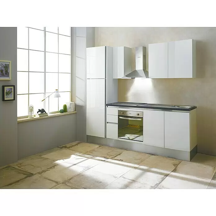 Marinelli Cucine Vormontierte Küchenzeile Giulia - Breite: 245 cm, Weiß, Mit Elektrogeräten, Dekor Arbeitsplatte: Steinoptik, Spüle rechts - Stimmungsaufnahme