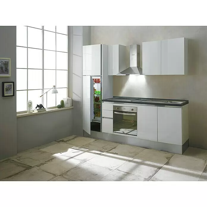 Marinelli Cucine Vormontierte Küchenzeile Giulia - Breite: 245 cm, Weiß, Mit Elektrogeräten, Dekor Arbeitsplatte: Steinoptik, Spüle rechts - Stimmungsaufnahme