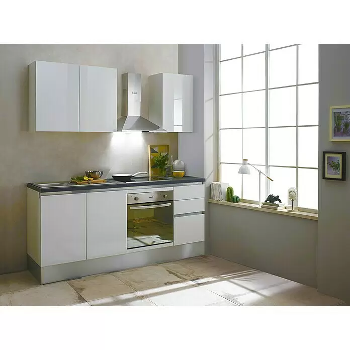 Marinelli Cucine Vormontierte Küchenzeile Giulia - Breite: 195 cm, Weiß, Mit Elektrogeräten, Dekor Arbeitsplatte: Steinoptik, Spüle links - Stimmungsaufnahme