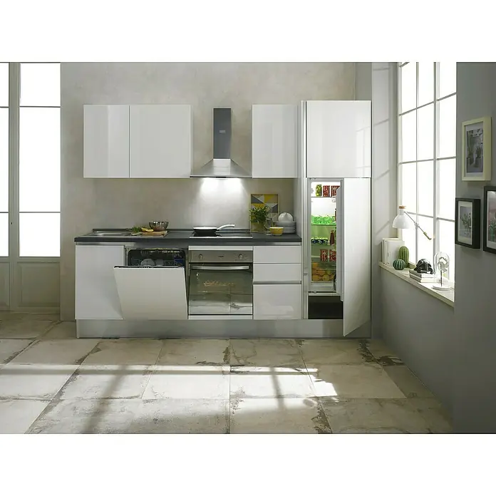 Marinelli Cucine Vormontierte Küchenzeile Giulia - Breite: 275 cm, Weiß, Mit Elektrogeräten, Dekor Arbeitsplatte: Steinoptik, Spüle links - Moderne Küche mit weißen Schränken, Geschirrspüler, Backofen, Kühlschrank und Dunstabzugshaube unterstreichen das elegante Küchendesign.