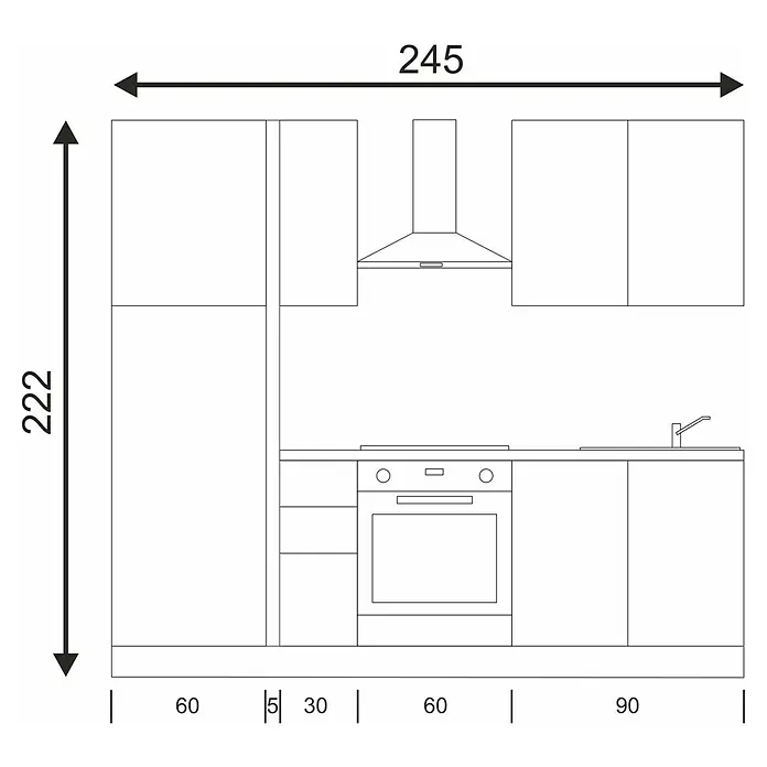Marinelli Cucine Vormontierte Küchenzeile Giulia - Breite: 245 cm, Weiß, Mit Elektrogeräten, Dekor Arbeitsplatte: Steinoptik, Spüle rechts - Ansicht einer Küchenzeile mit Schränken, Herd und Spüle, inklusive Maßangaben für die Planung.