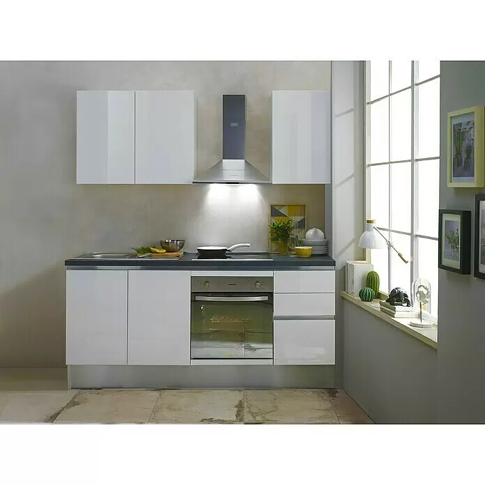 Marinelli Cucine Vormontierte Küchenzeile Giulia - Breite: 195 cm, Weiß, Mit Elektrogeräten, Dekor Arbeitsplatte: Steinoptik, Spüle links - Stimmungsaufnahme