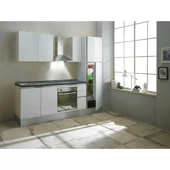 Marinelli Cucine Vormontierte Küchenzeile Giulia - Breite: 245 cm, Weiß, Mit Elektrogeräten, Dekor Arbeitsplatte: Steinoptik, Spüle links - Stimmungsaufnahme