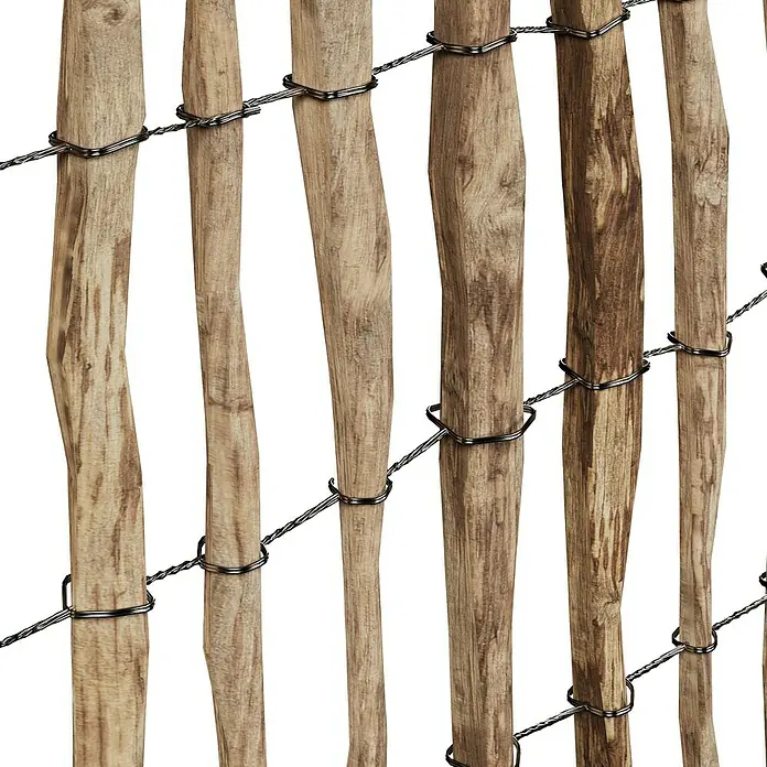 T & J Staketen Rollzaun Rollo 4 cm - B x H: 1.000 x 60 cm, Holz - Nahaufnahme eines rustikalen Holzzauns, der mit Draht zusammengehalten wird, ideal für Garten- und Landschaftsbauprojekte.
