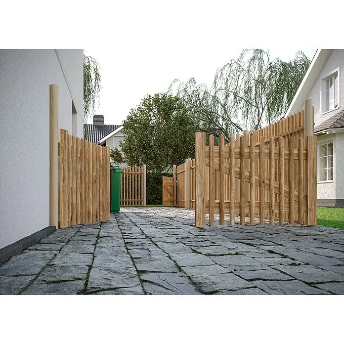T & J Zauntor - 300 x 100 cm, Holz - Ansicht einer rustikalen Holzzaun-Installation, die einen charmanten und natürlichen Übergang zwischen zwei Grundstücken schafft.