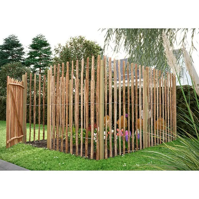 T & J Pfosten - 8 x 8 x 175 cm, Passend für: Jäger- und Staketenzaun, Braun - Rustikaler Rundholzzaun mit Holztor, ideal für naturnahe Gärten. Perfekt als Beetumrandung oder dekoratives Element.