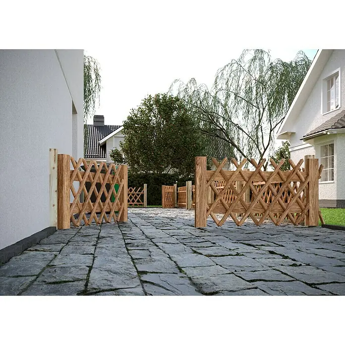 T & J Jägerzaun-Gartentor Doppel - 300 x 80 cm, Ohne Beschläge, Holz, Braun - Ein rustikaler Holzzaun umrahmt stilvoll einen Hof oder Garten und bietet gleichzeitig Schutz und ästhetische Aufwertung.