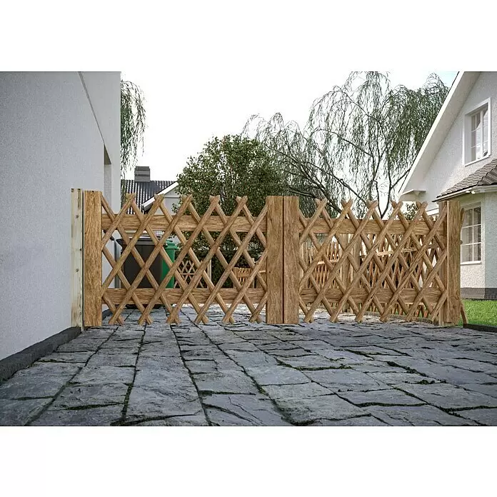 T & J Jägerzaun - 250 x 100 cm, Holz - Hölzernes Spaliergitter mit Rautenmuster, als Gartentor auf einem gepflasterten Weg zwischen zwei Häusern installiert.