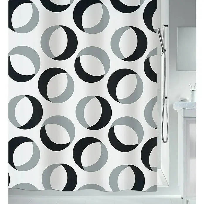 Spirella Cortina de baño Rings - An x Al: 180 x 200 cm, Gris/Negro - Cortina de ducha con un diseño abstracto de círculos en gris y negro, que aporta un toque moderno a cualquier baño.