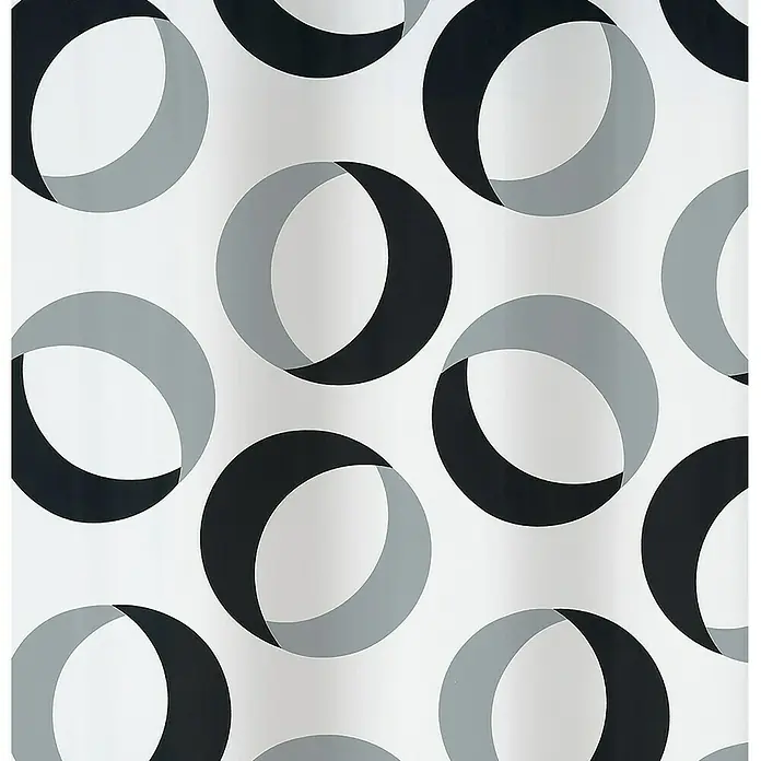 Spirella Cortina de baño Rings - An x Al: 180 x 200 cm, Gris/Negro - Un patrón monocromático con círculos superpuestos en tonos de negro y gris sobre un fondo blanco crea un efecto moderno.