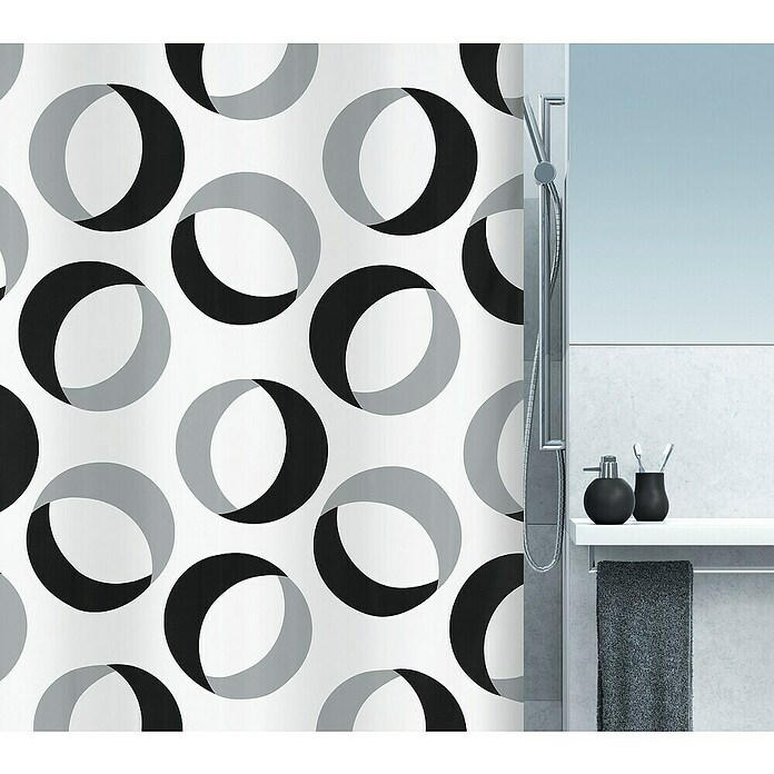 Spirella Cortina de baño textil Rings (180 x 200 cm, Gris/Negro) | BAUHAUS