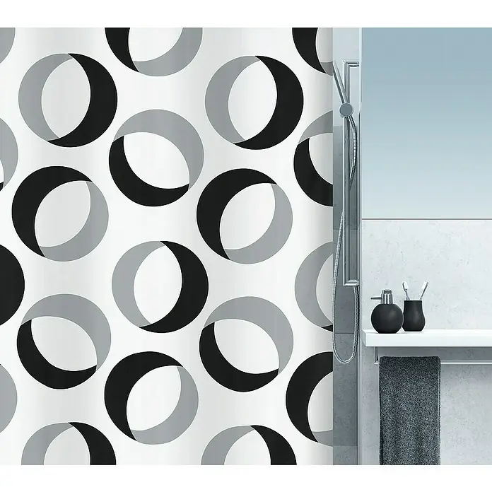 Spirella Cortina de baño Rings - An x Al: 180 x 200 cm, Gris/Negro - Una llamativa cortina de ducha con un patrón gráfico de círculos negros y grises, que añade un toque moderno a cualquier baño.