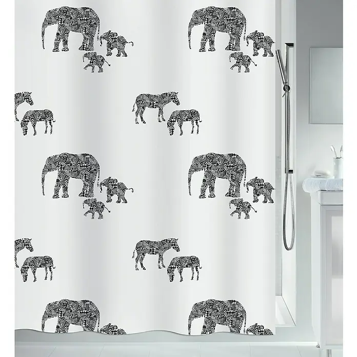 Spirella Cortina de baño Serengeti - An x Al: 180 x 200 cm, Blanco/Negro - Cortina de ducha con estampado de elefantes y cebras. Un elemento decorativo para el baño. Práctica y elegante.